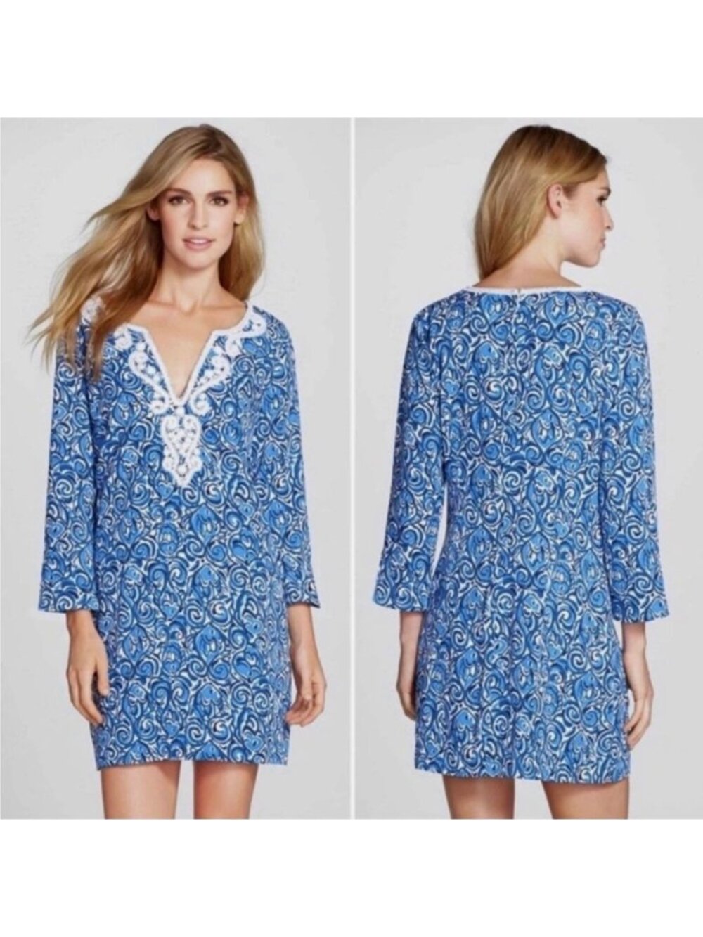 Lilly Pulitzer Julianna Beaded Neckline Indigo Chasing Tail Tunic Dress‎ Size L